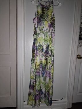 Jennifer Lopez Tropical Halter Maxi Dress in Green, Purple & White